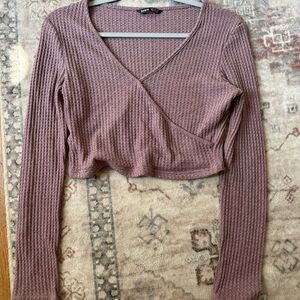 Mauve Waffle-Knit Crop Long-Sleeve Top
